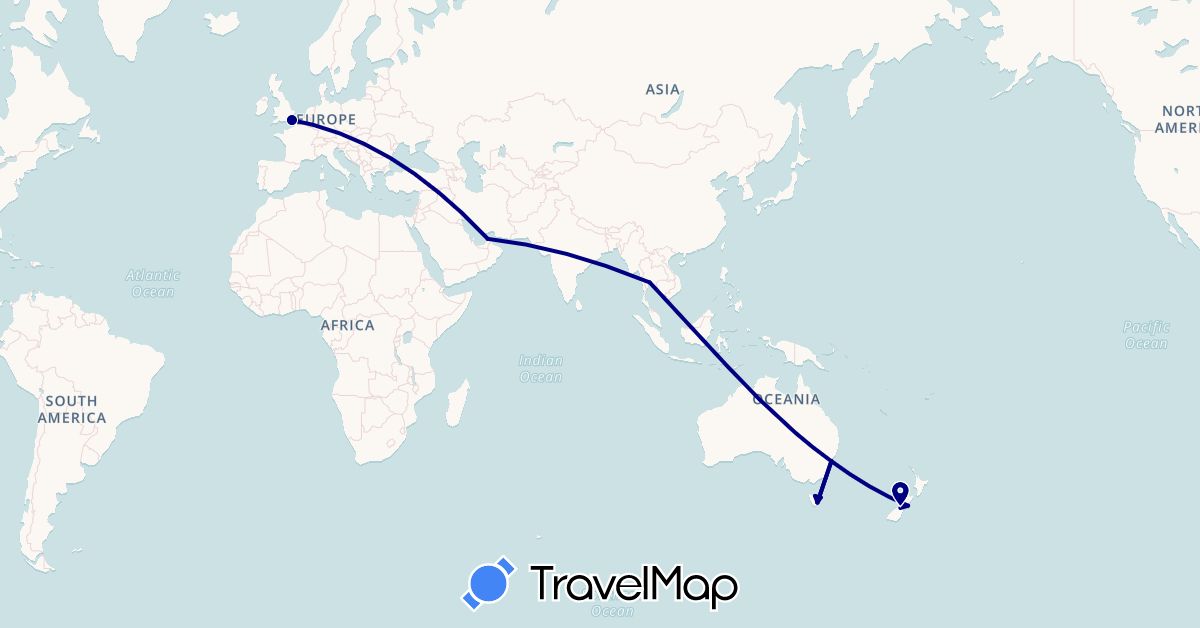 TravelMap itinerary: driving in United Arab Emirates, Australia, United Kingdom, New Zealand, Thailand (Asia, Europe, Oceania)